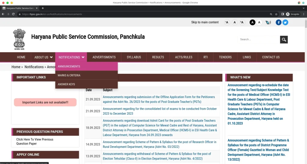 announcement section of HPSC